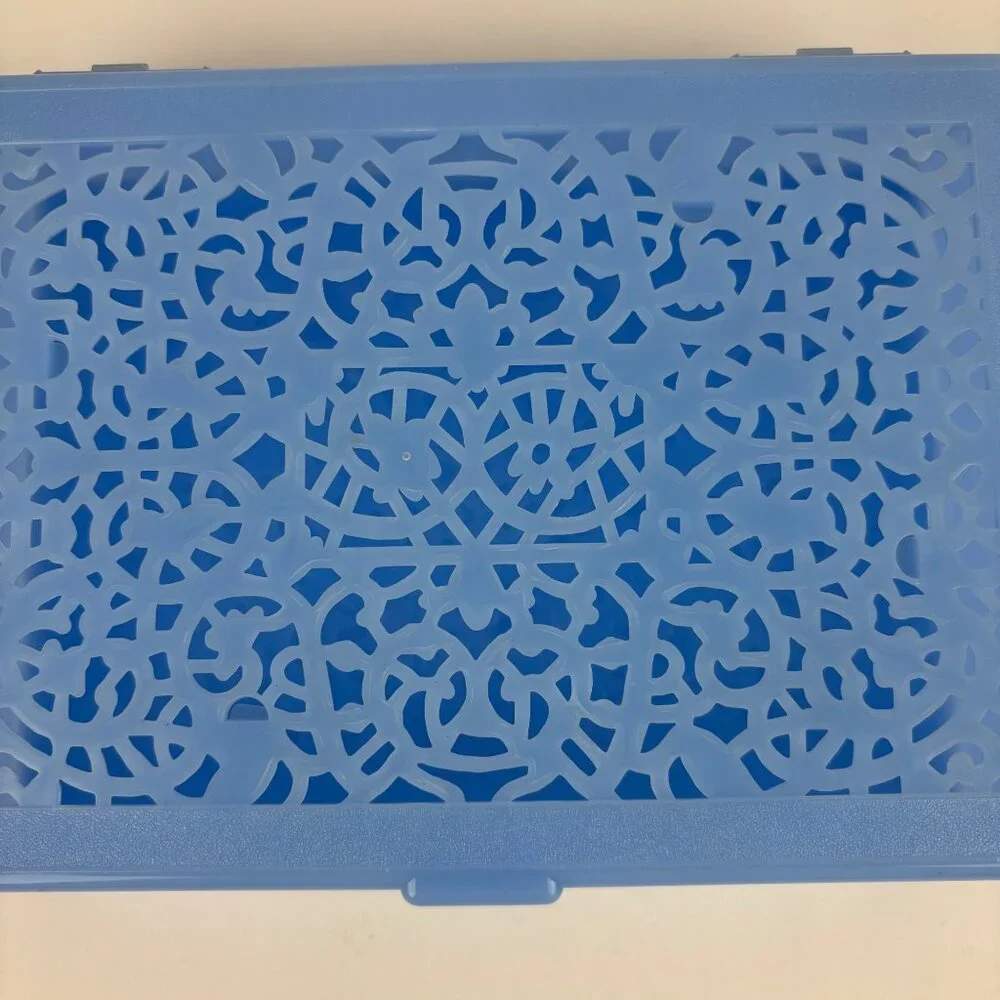 Vintage 60s Plastic Storage Box Baby Blue Cutwork Top Vanity Jewelry Trinkets